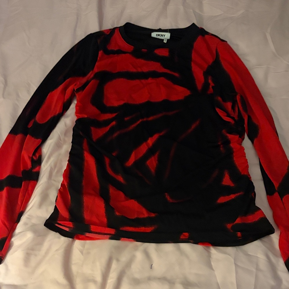 DKNY Red and Black Swirl Long Sleeve Top